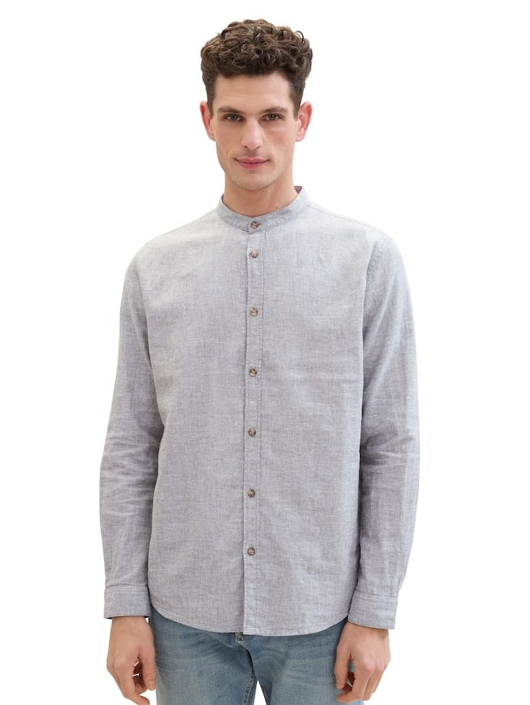 Chemise en lin et coton col Mao kaki pour homme TOM TAILOR, idéale pour un style décontracté et élégant.