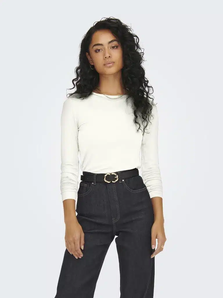 T-shirt blanc uni pour femme, manches longues, col rond, collection automne/hiver 2024, JDY, en viscose et élasthanne.
