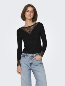 Top noir manches longues avec détails en dentelle JDY pour femme, col halter, disponible du XS au XL Livraison rapide à Nantes