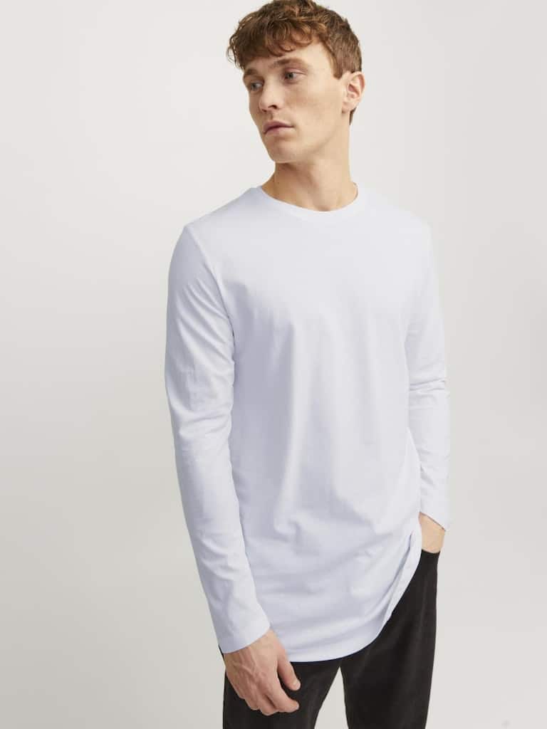 T-shirt blanc manches longues JACK & JONES, col rond, coupe longue pour homme"
