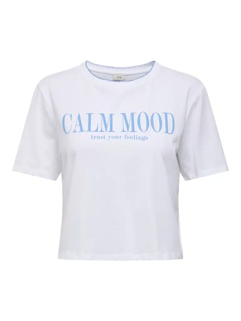 T-shirt JDY femme blanc à inscription bleue, manches courtes, col rond, coupe regular fit, collection printemps-été 2025