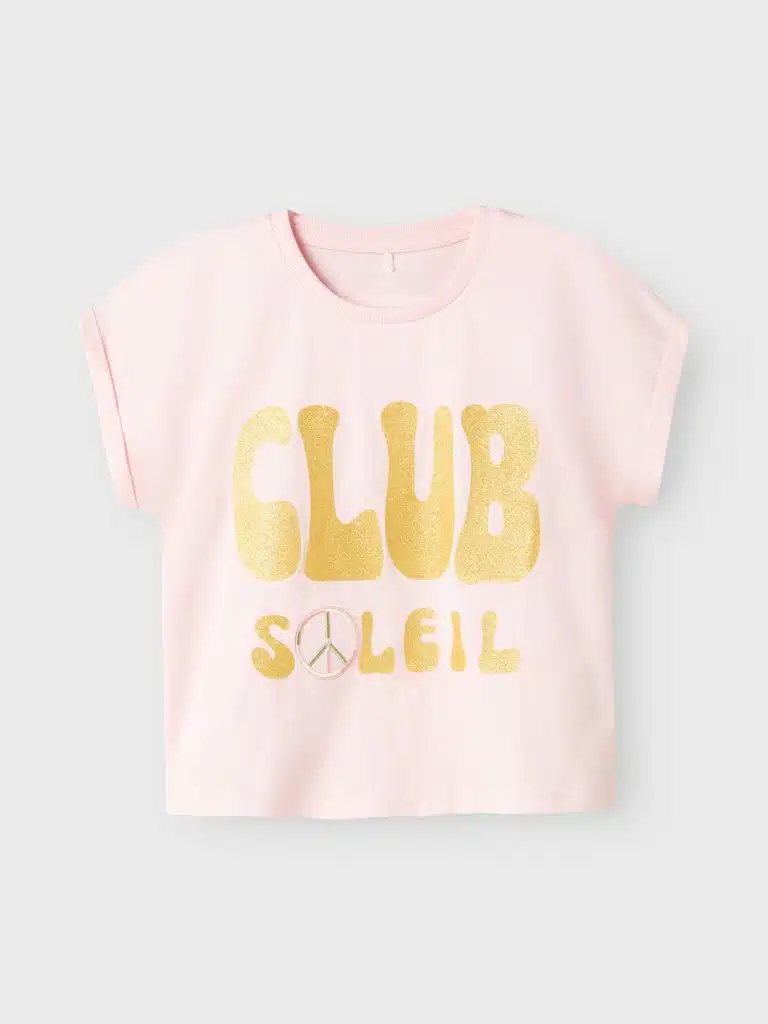 T-shirt col rond rose avec imprimé pailleté doré Name It pour fille, style tendance et confortable