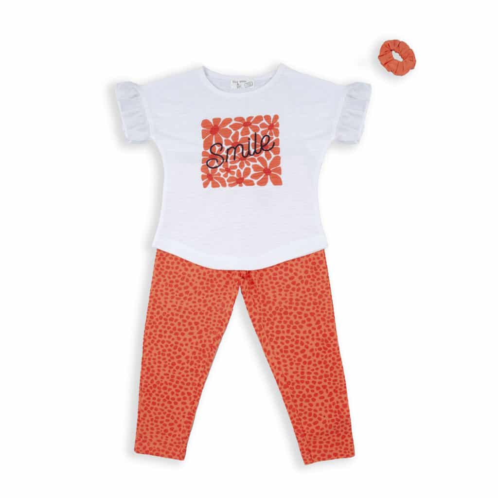 Ensemble orange t-shirt + legging + chouchou imprimé fleurs Babybol pour fille de 2 à 6 ans, confortable et tendance pour l'été 2025