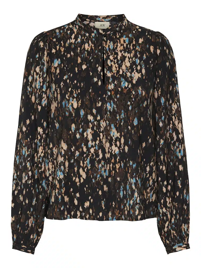 Chemisier noir fluide femme JDY JDYCAROLINE à manches longues avec motif orange et bleu, col rond CASUAL SENAS