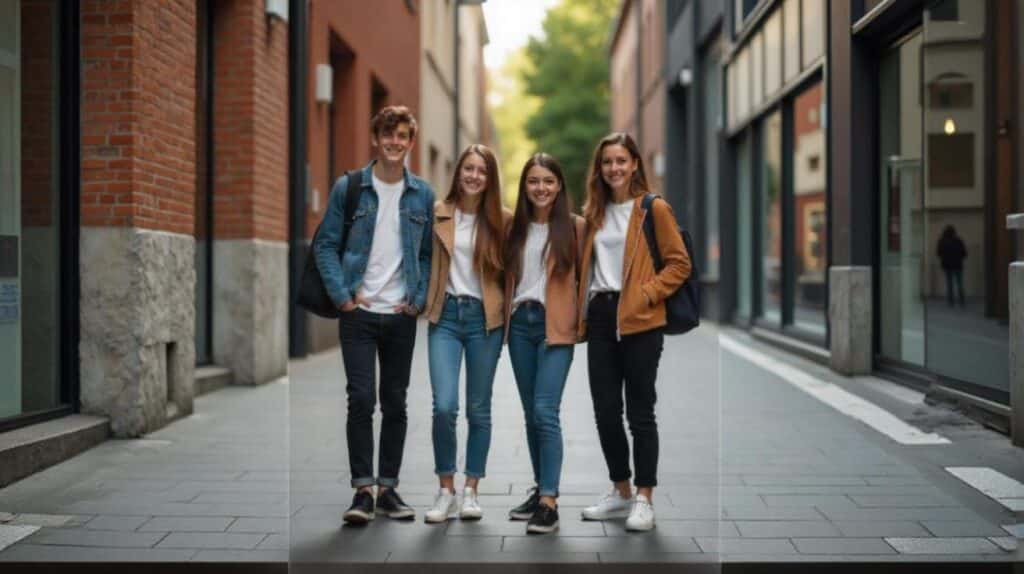 Lycéenne et lycéen devant les grilles d’un lycée pour la rentrée 2025,tenue du jour : jean taille haute, blouse élégante, veste en jean pour elle ; pantalon chino, chemise et bomber pour lui, style tendance et adapté au règlement