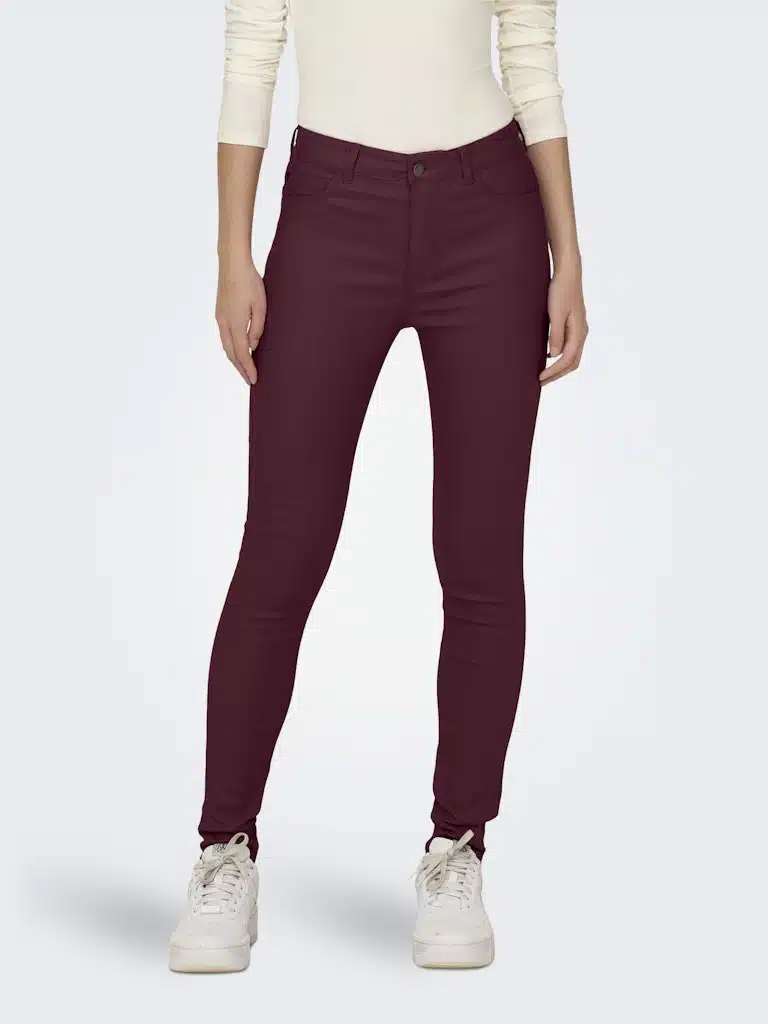 Pantalon femme similicuir rouge bordeaux JDY NEW THUNDER, coupe skinny, taille haute