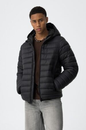 Doudoune noire coupe ajustée à capuche pour ado garçon TIFFOSI, fermeture zippée, deux poches avant, logo sur le bras, 100% polyamide, collection Automne/Hiver 2025