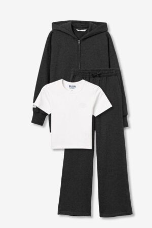 Ensemble jogging 3 pièces gris TIFFOSI pour ado fille, veste à capuche avec fermeture zippée et poches, pantalon coupe large, tee-shirt ajusté blanc avec logo poitrine, 95% coton 5% élasthanne.