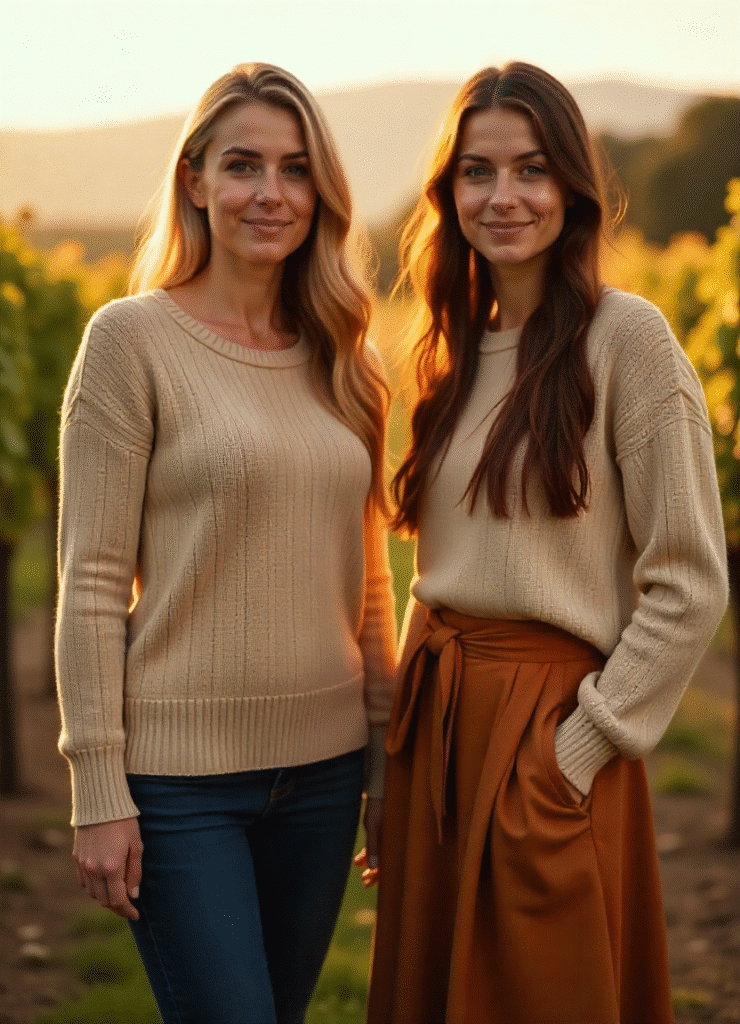 Deux femmes séduisantes d'environ 28 ans aux cheveux longs , portant des pulls et des jupes dans un vignoble en automne