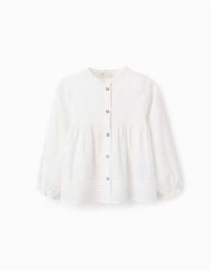 "Blouse blanche à manches longues brodée Zippy fille 3/4 à 8/9 ans, col rond, manches ballons élastiquées, fermeture boutons, idéale pour occasions spéciales. 100% coton, collection Automne/Hiver 2025