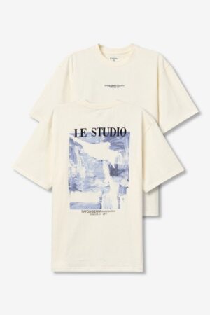 T-shirt beige oversize homme TIFFOSI avec logo artistique brodé dans le dos et sur le torse, 100% coton, manches courtes, col rond, du S au XXL. Collection Automne/Hiver 2025