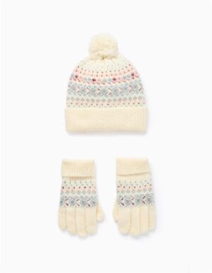 Ensemble bonnet et gants blanc à motifs Zippy fille