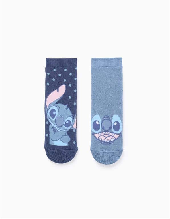 Lot de 2 paires de chaussettes bleu antidérapantes Stitch Zippy fille en tailles 23/26 et 27/30. Composition 79% coton et 19% polyamide. Collection Automne/Hiver 2025