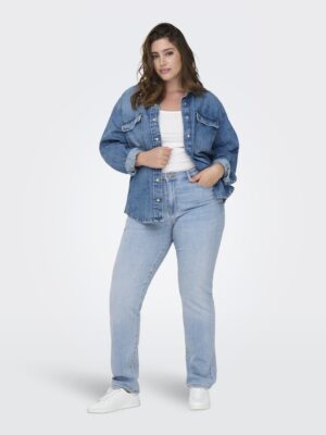 Jean bleu coupe slim ONLY CARMAKOMA grandes tailles du 42 au 48, tissu 95% coton, 3% polyester, 2% élasthanne. Coupe ajustée, taille moyenne, fermeture braguette et bouton. Collection Automne/Hiver 2025