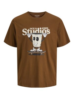 T-shirt marron Jack and Jones homme, manches courtes, logo skate, 100% coton Better Cotton traçable, coupe décontractée, col ras du cou, collection Automne/Hiver 2025