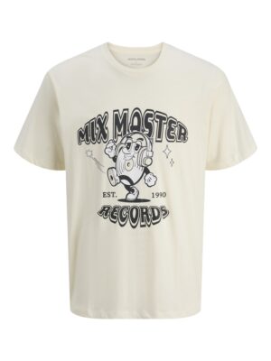T-shirt beige Jack and Jones homme, manches courtes, logo Mix Master Records, 100% coton Better Cotton traçable, coupe décontractée, col ras du cou. Collection Automne/Hiver 2025