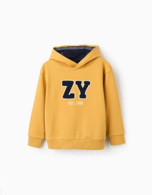 Sweat jaune à capuche logo relief Zippy garçon 3/4 à 5/6 ans, 100% coton brossé, élastique sur le bas, manches longues. Collection Automne/Hiver 2025