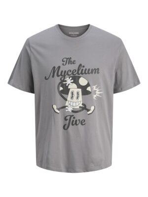 T-shirt gris Jack and Jones homme, manches courtes, logo champignon, 100% coton Better Cotton traçable, coupe décontractée, col ras du cou. Collection Automne/Hiver 2025