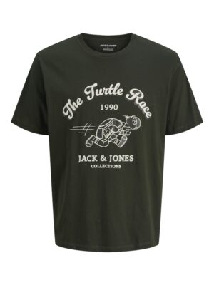 T-shirt vert Jack and Jones homme, manches courtes, logo tortue, 100% coton Better Cotton traçable, coupe décontractée, col ras du cou. Collection Automne/Hiver 2025