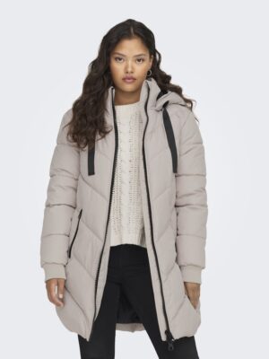 Veste parka matelassée beige JDY femme XS au XL, rembourrage synthétique haute qualité, capuche réglable, poches latérales, matière polyester recyclé. Collection Hiver 2025