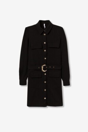 Robe courte noire manches longues femme TIFFOSI col chemise, poches, ceinture dorée XS à L
