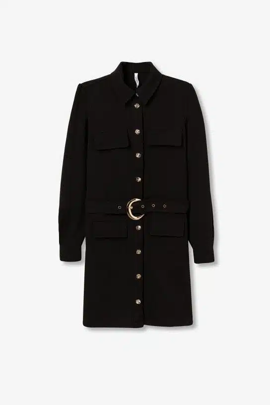 Robe courte noire manches longues femme TIFFOSI col chemise, poches, ceinture dorée XS à L