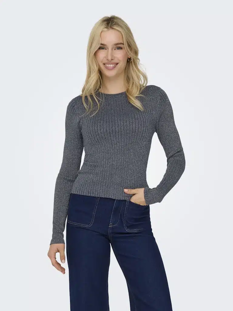 Pull bleu argenté côtelé à col rond JDY femme collection Automne-Hiver 2025