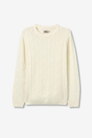 Pull homme Tiffosi beige en grosse maille torsadée, col rond, coupe droite, 85% acrylique 15% laine, disponible du S au XXL. Collection Automne-Hiver 2025. Confort et chaleur