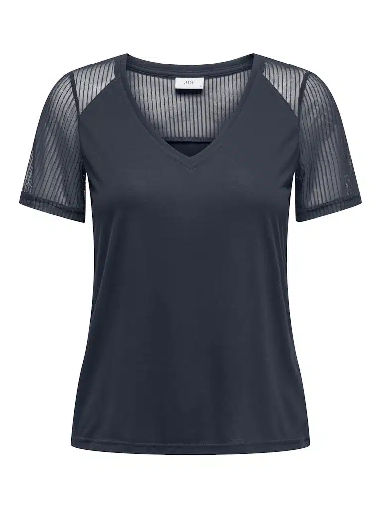 T-shirt manches courtes bleu JDY femme, plumetis transparent aux manches et haut du dos, tissu extensible, 65% polyester 35% viscose, collection Automne-Hiver 2025.