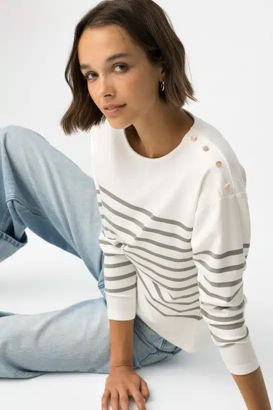 Pull marinière blanche et verte Tiffosi femme, boutons épaules, col rond pas cher