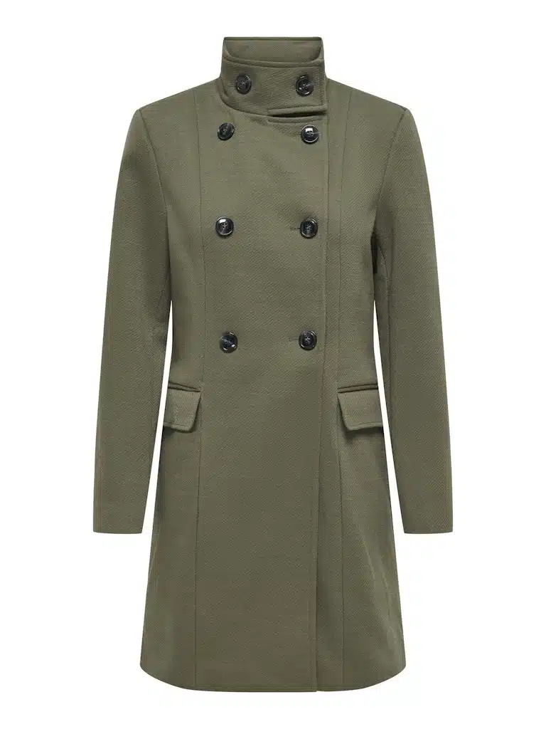 Manteau long caban vert kaki JDY femme, double boutonnage, ceinture à la taille, col haut