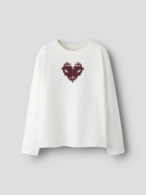 T-shirt blanc à manches longues imprimé cœur pixel Name it fille coton bio Casual Senas Automne-Hiver 2025