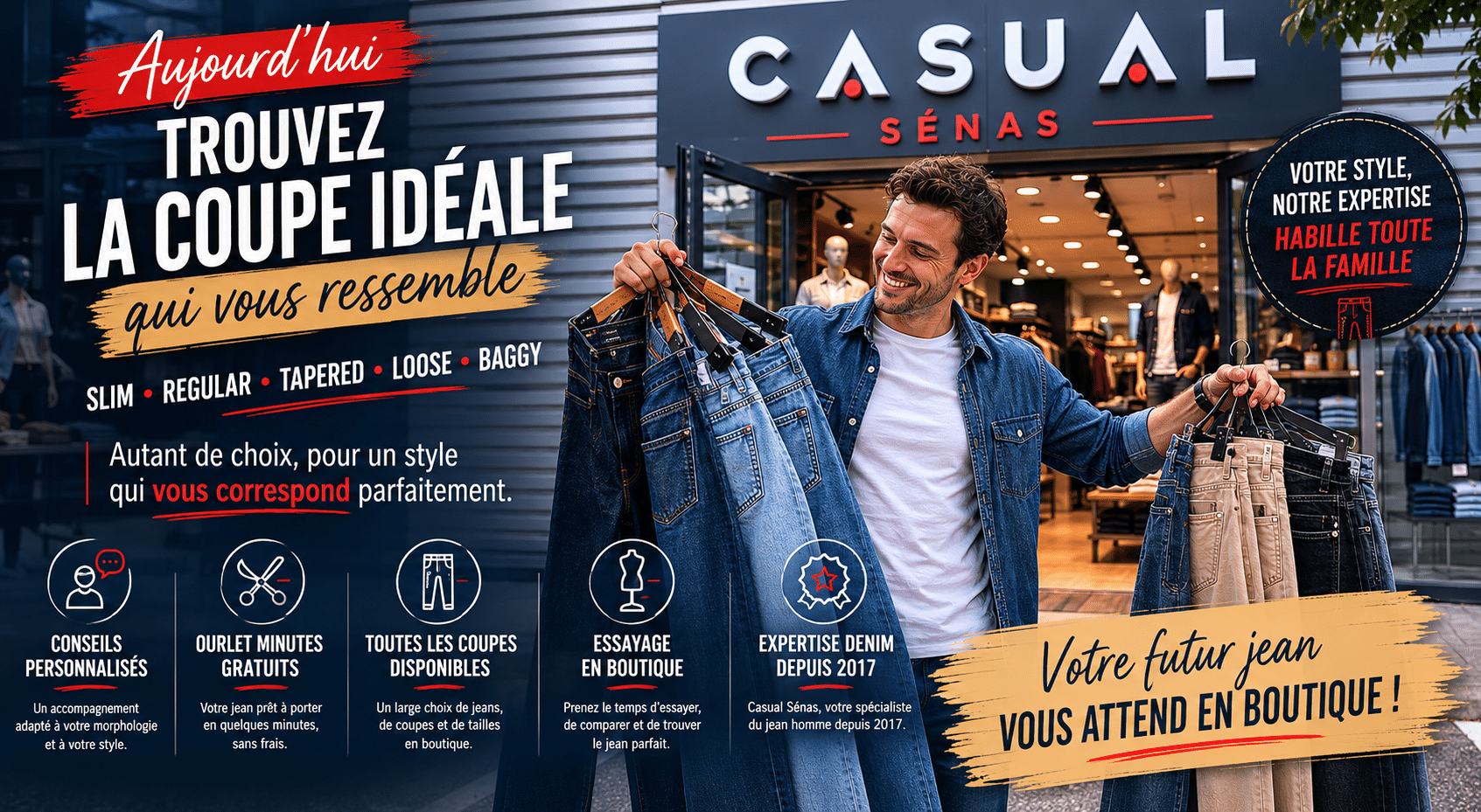 Homme souriant devant la boutique Casual Sénas présentant plusieurs jeans homme de différentes coupes pour illustrer le choix entre slim, regular, tapered, loose et baggy