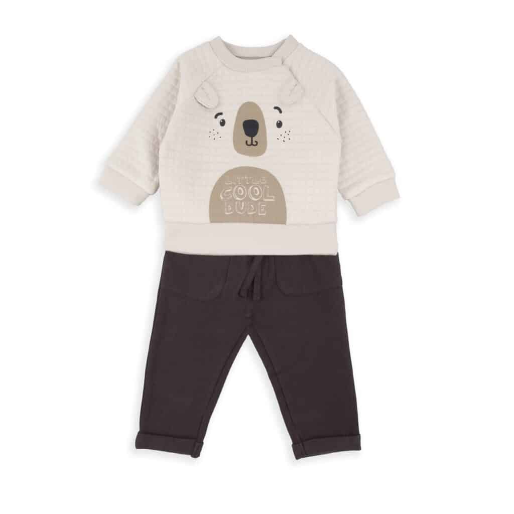 Ensemble bébé garçon Babybol beige sweat matelassé gaufré ours et pantalon chino.