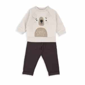 Ensemble bébé garçon Babybol beige sweat matelassé gaufré ours et pantalon chino.