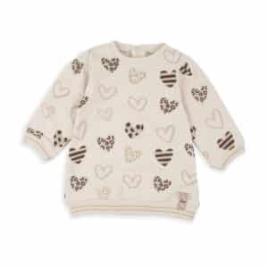 Robe sweat molletonnée beige Babybol fille avec motif cœur léopard et paillettes.