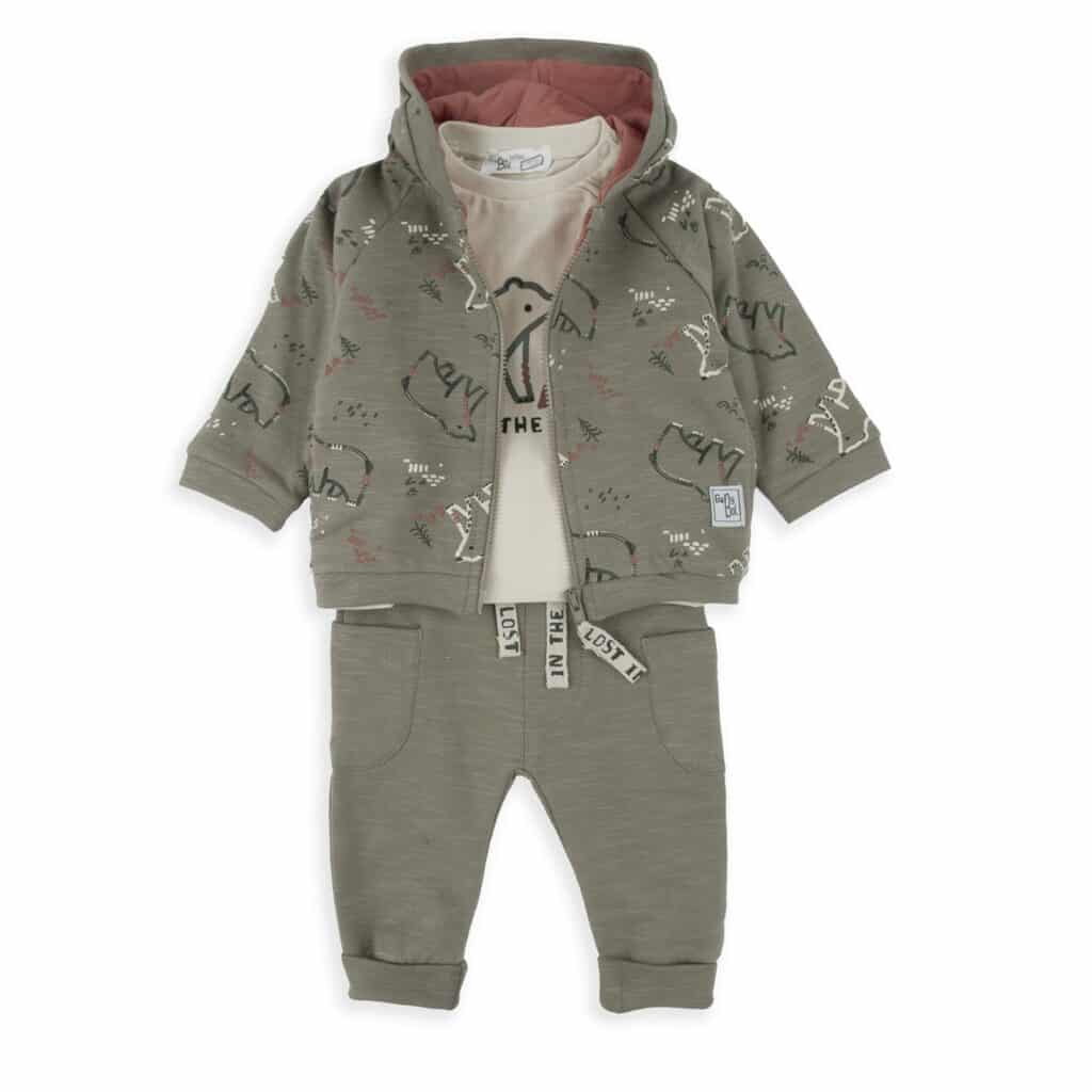 nsemble bébé garçon 3 pièces vert kaki molletonné avec veste à capuche zip t-shirt ours jogging Babybol 3-24 mois