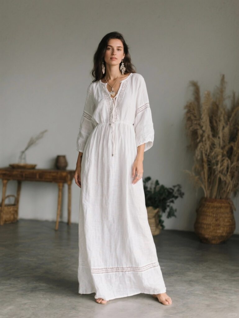 Une femme portant une robe longue en lin blanc avec des motifs floraux, dans un champ de fleurs sauvages, au coucher du soleil, style bohème chic.