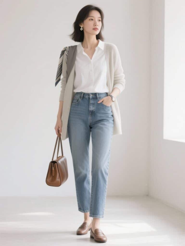 Tenue minimaliste femme simple et chic avec jean droit, blouse blanche et layering élégant