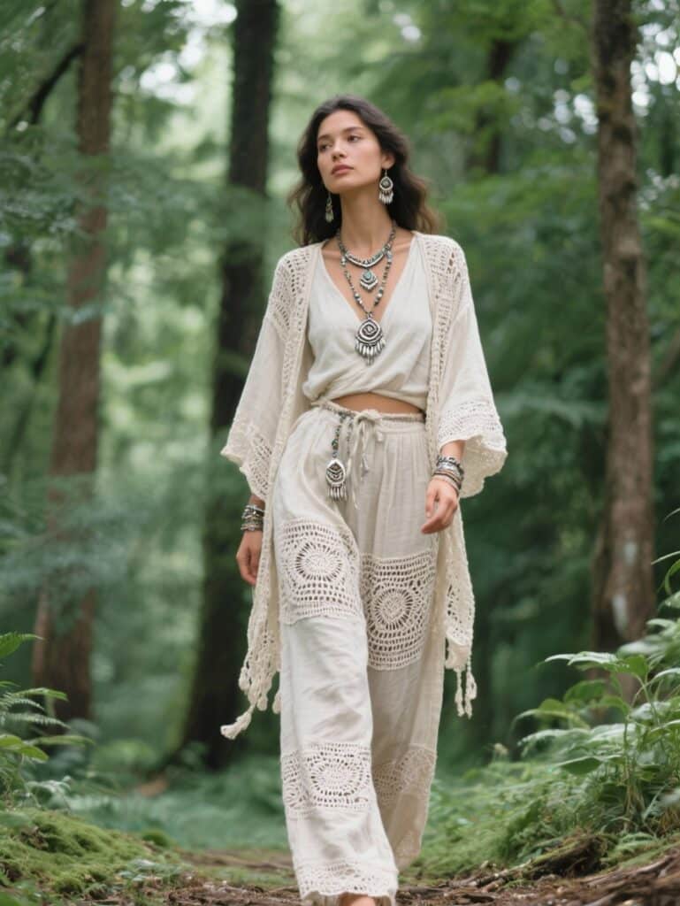 Un look bohème chic avec une femme en kimono en crochet, pantalon fluide en coton, bijoux ethniques en argent, dans une forêt verdoyante.