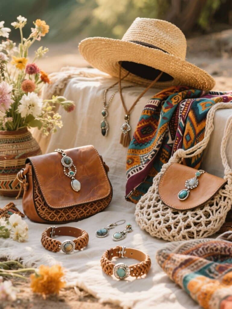 Une composition élégante mettant en scène une sélection d'accessoires bohème chic : bijoux en argent ornés de pierres naturelles, bracelets en cuir tressé, sacs en macramé et cuir patiné, chapeaux à larges bords en paille, foulards colorés aux motifs ethniques, le tout disposé sur un fond naturel lumineux avec des décorations florales et des éléments artisanaux pour exprimer une ambiance authentique, raffinée et chaleureuse
