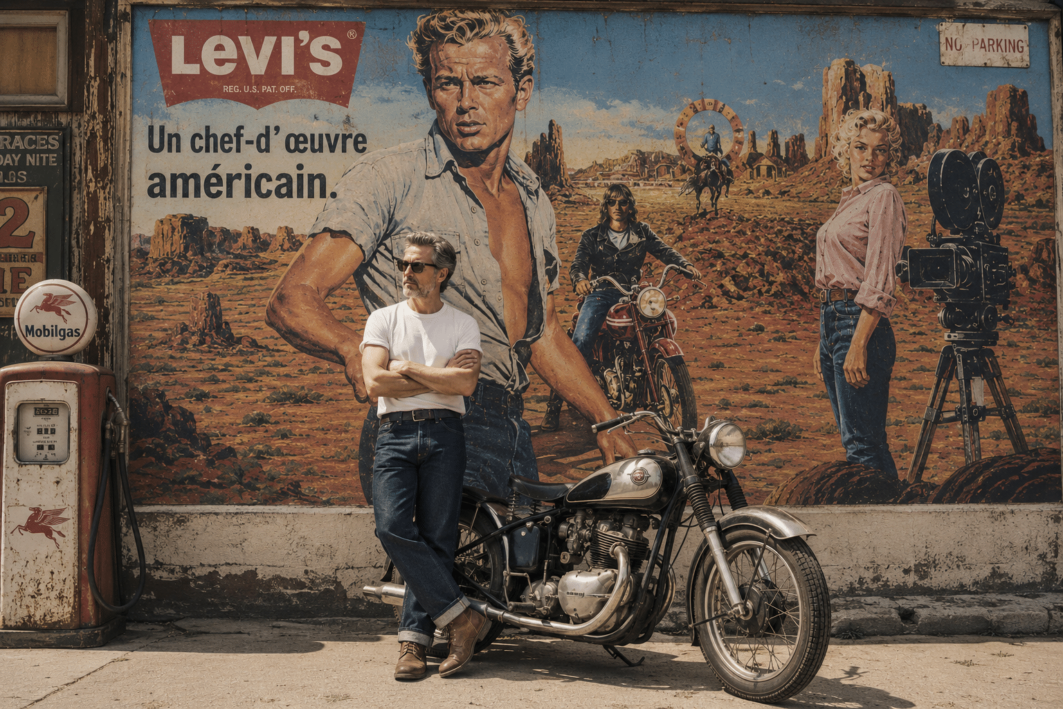 Homme de 50 ans portant un jean denim brut devant une fresque vintage inspirée des publicités américaines des années 1950 avec moto classique et univers denim authentique