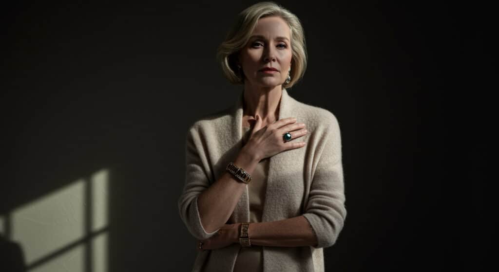 Femme de 40 ans élégante en robe milanaise ou chemisier en soie, pull en cachemire, avec accessoires raffinés comme sacs en cuir et bijoux en pierres fines, dans un environnement chic et intemporel