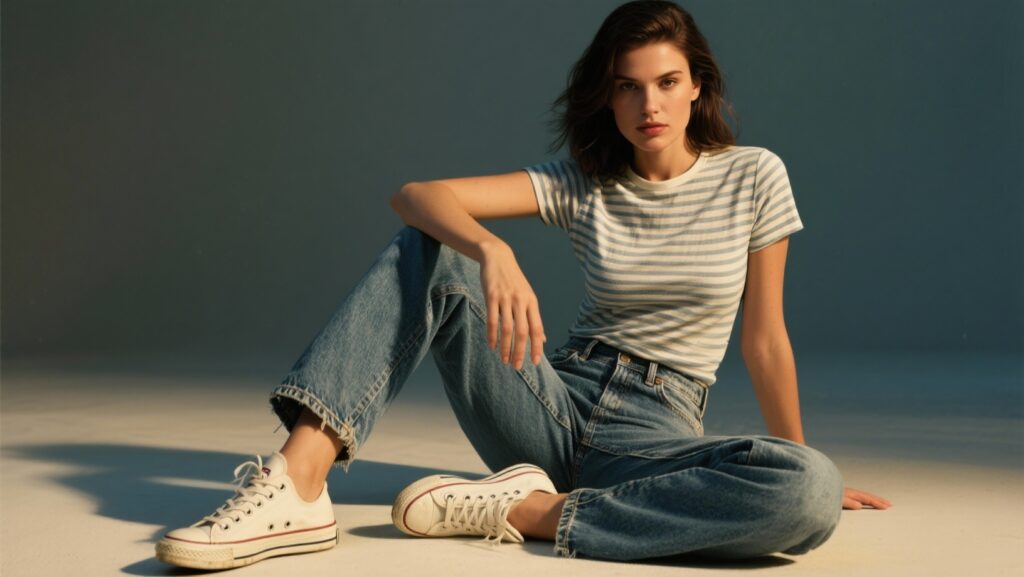 femme séduisante 30 ans en jean boyfriend, t-shirt rayé léger, baskets blanches usées élégantes, regard confiant le basique du style casual pour femme au quotidien
