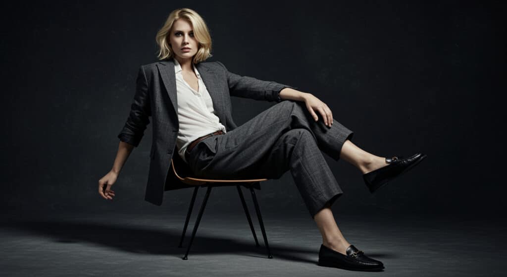 Le style casual chic femme séduisante 30 ansPantalon tailleur + chemise blanche + blazer + mocassins