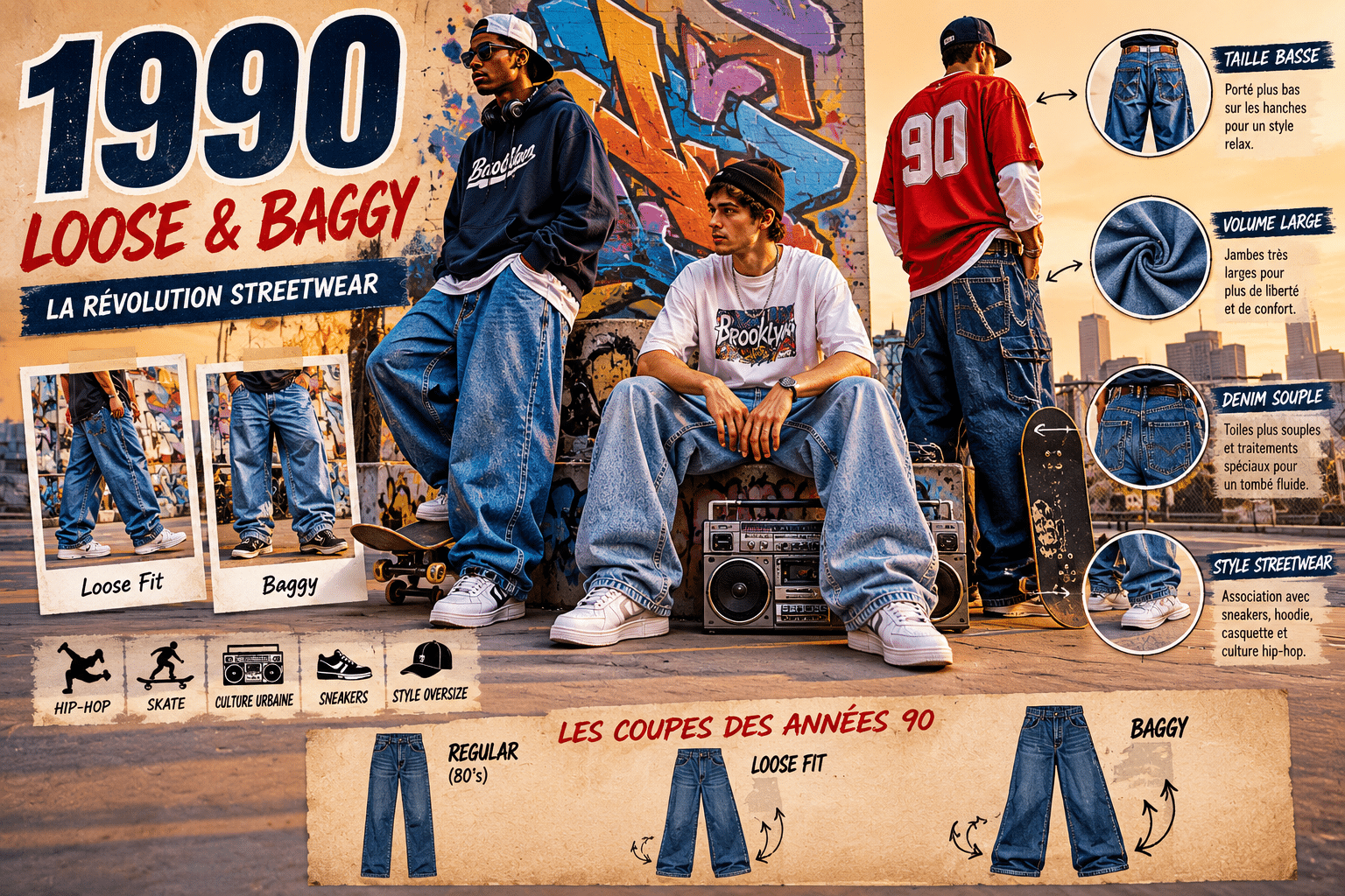 Jeunes hommes portant des jeans baggy et loose fit dans un skatepark urbain inspiré de la culture hip-hop des années 1990 avec silhouettes oversize, skateboard et denim ample