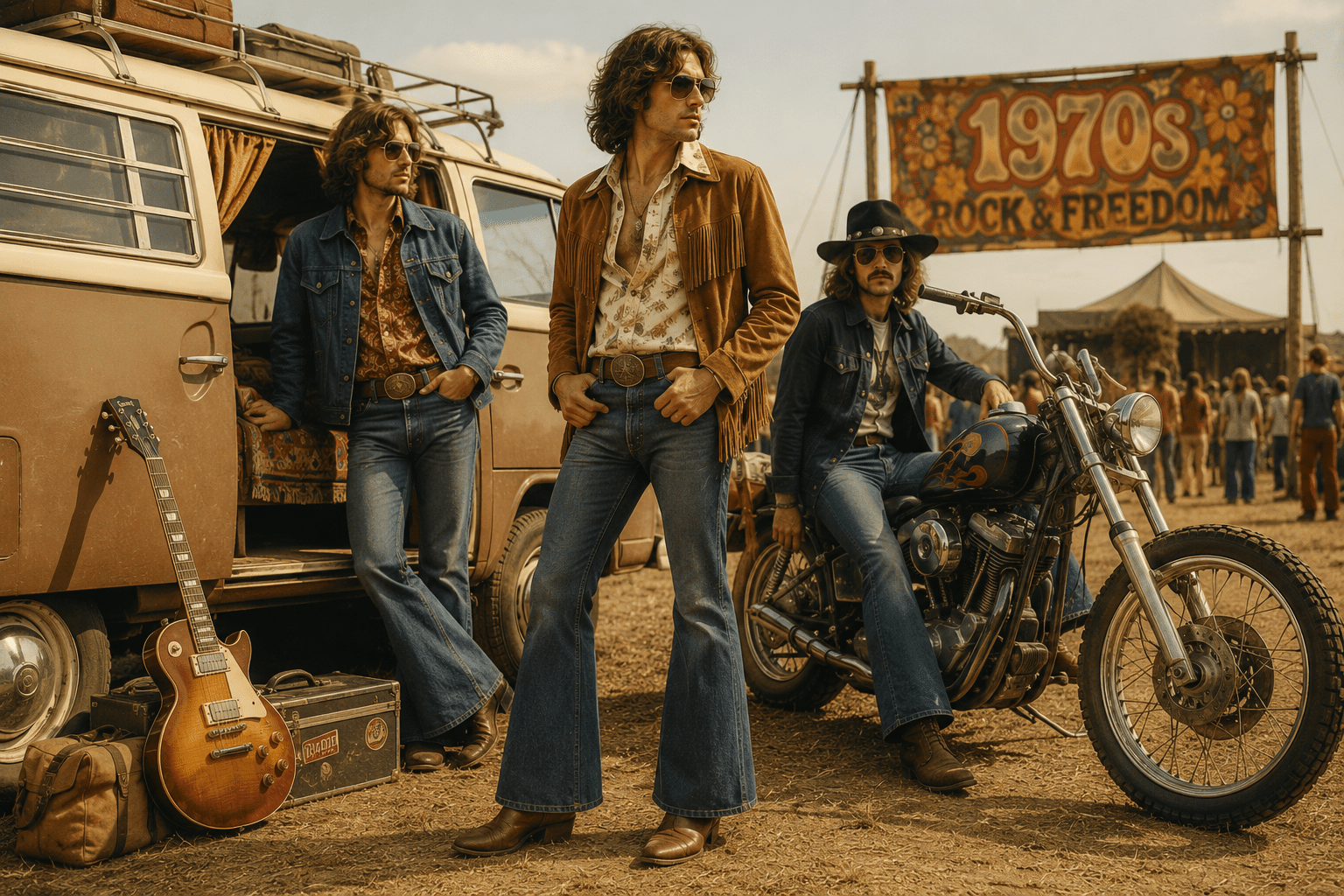 Hommes portant des jeans flare et bootcut dans une ambiance festival rock des années 1970 avec moto vintage, van rétro et style denim emblématique de la culture hippie et western