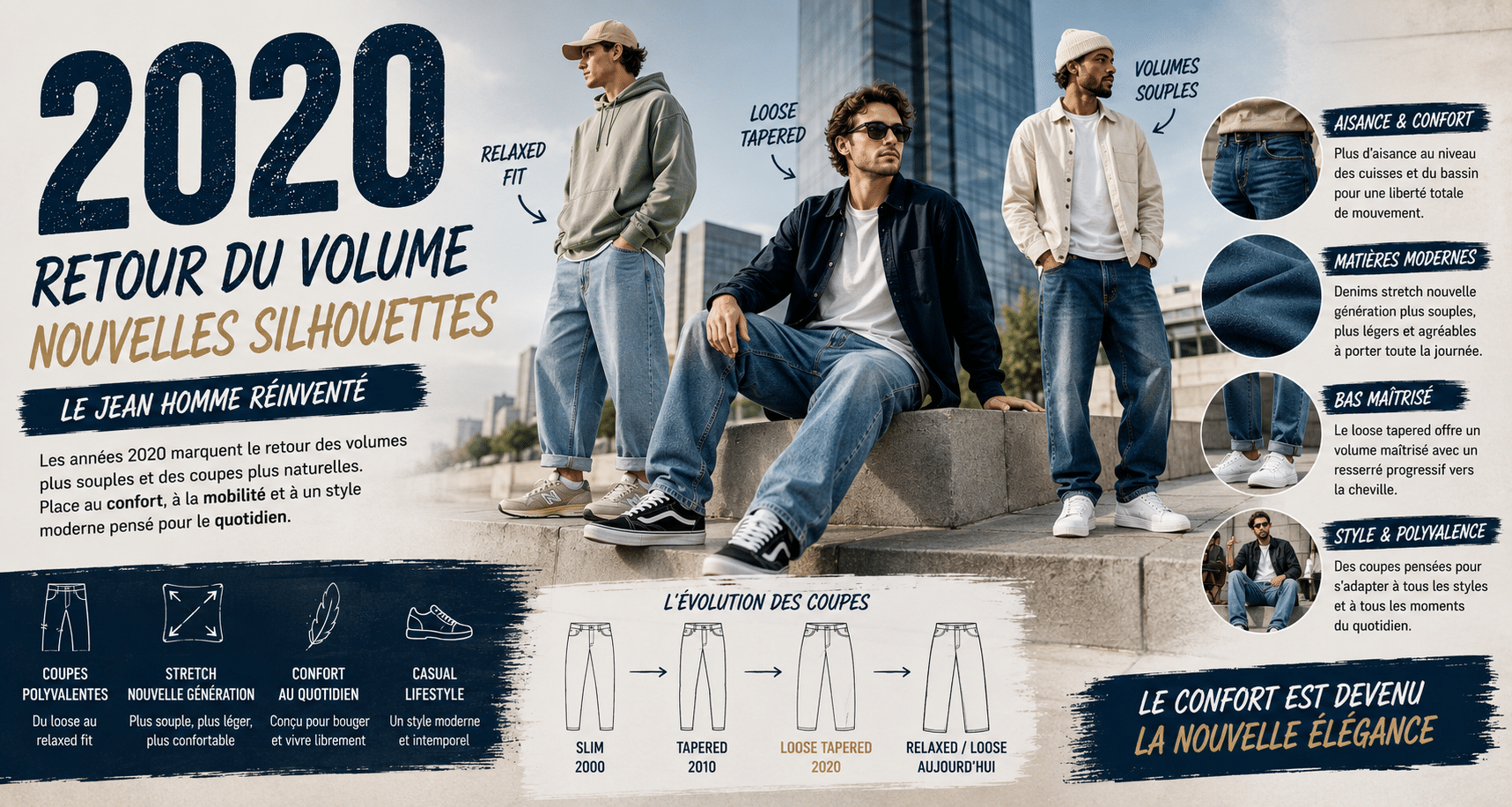 Infographie présentant les coupes loose tapered et relaxed fit des années 2020 avec denim stretch nouvelle génération, volumes confortables et silhouette moderne adaptée au lifestyle masculin