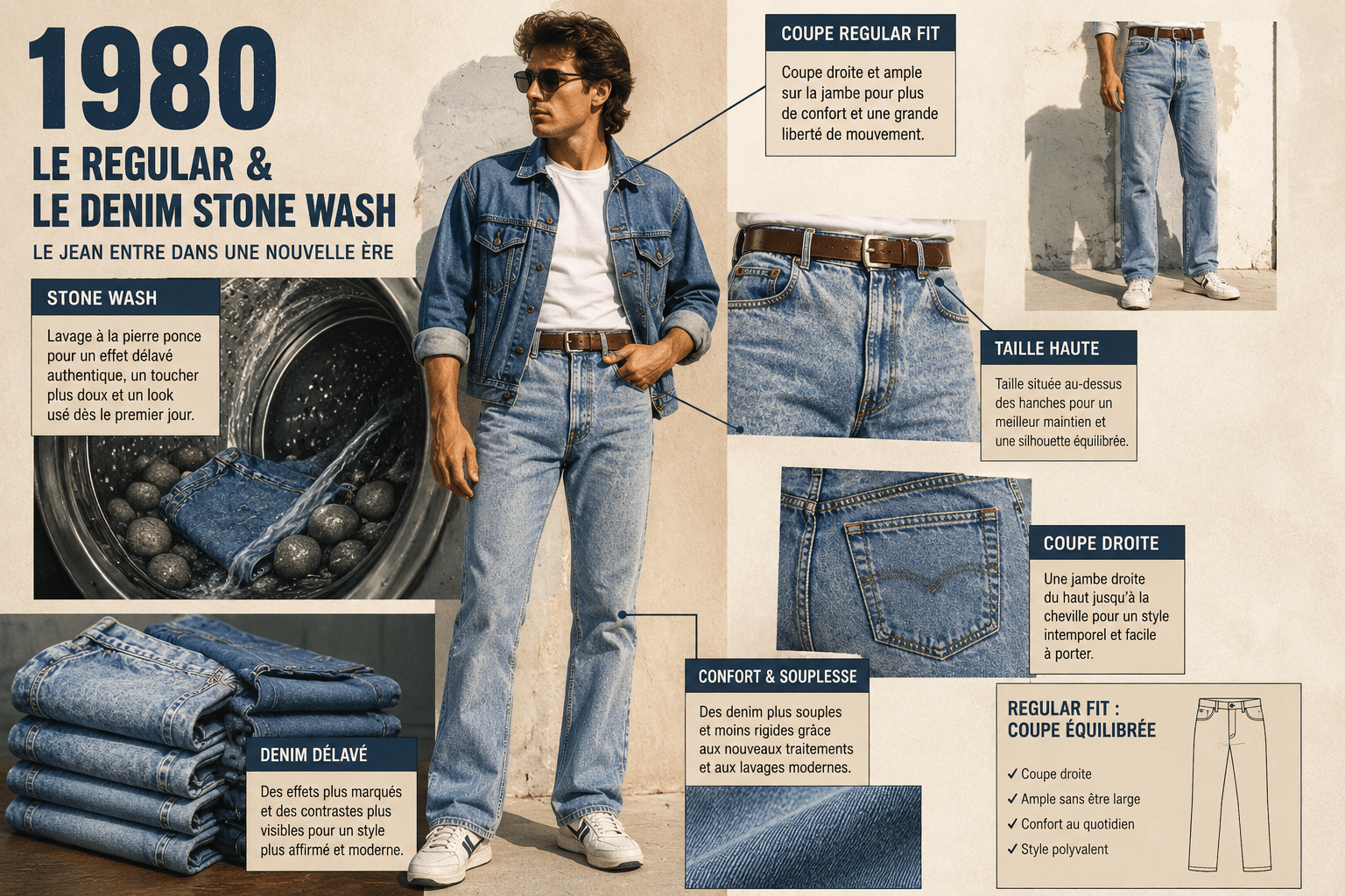 Infographie pédagogique présentant les caractéristiques du jean regular fit des années 1980 avec denim stone wash, coupe droite, taille haute et toile délavée plus souple