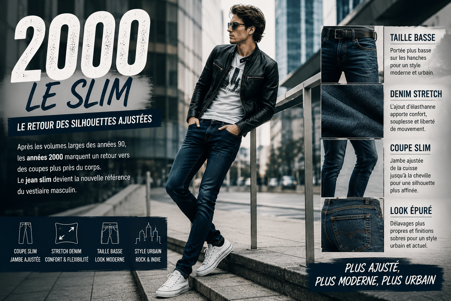 Homme portant un jean slim fit en denim stretch dans un environnement urbain moderne illustrant l'évolution des coupes jeans homme et le retour des silhouettes ajustées dans les années 2000